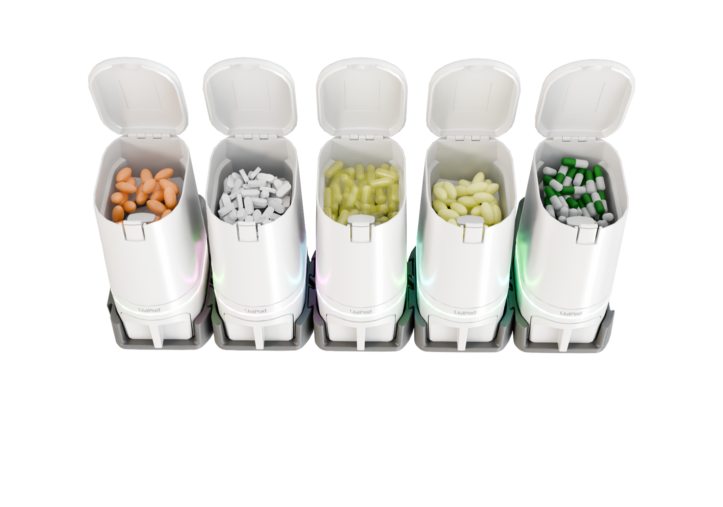 LiviPod™ 5pod expandable automatic pill dispenser Volume Pack with lids open, LED status, and closed dispense drawers holding daily medications