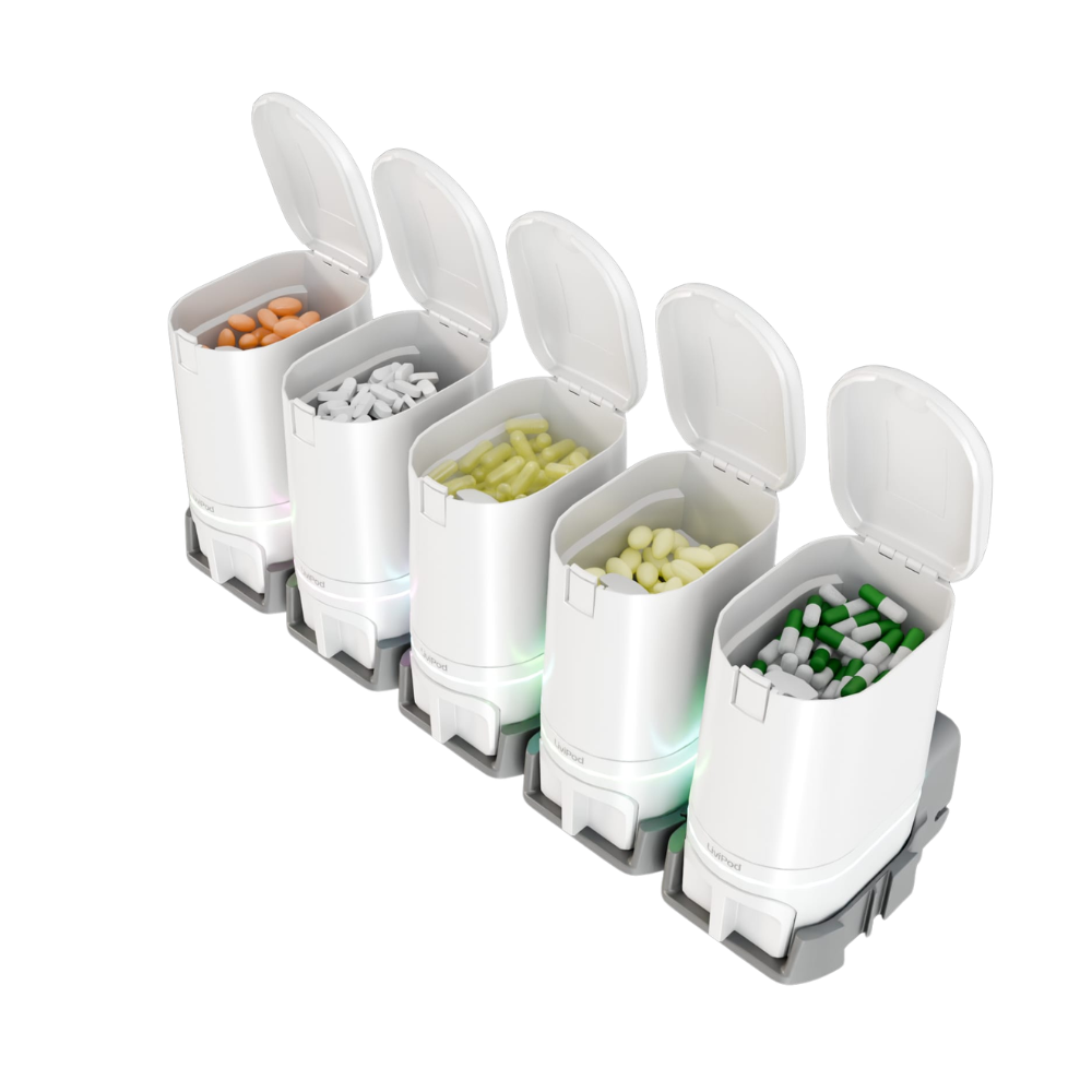 LiviPod™ 5-pod expandable automatic pill dispenser Starter Set with open lids showing daily medications and supplements in each pod