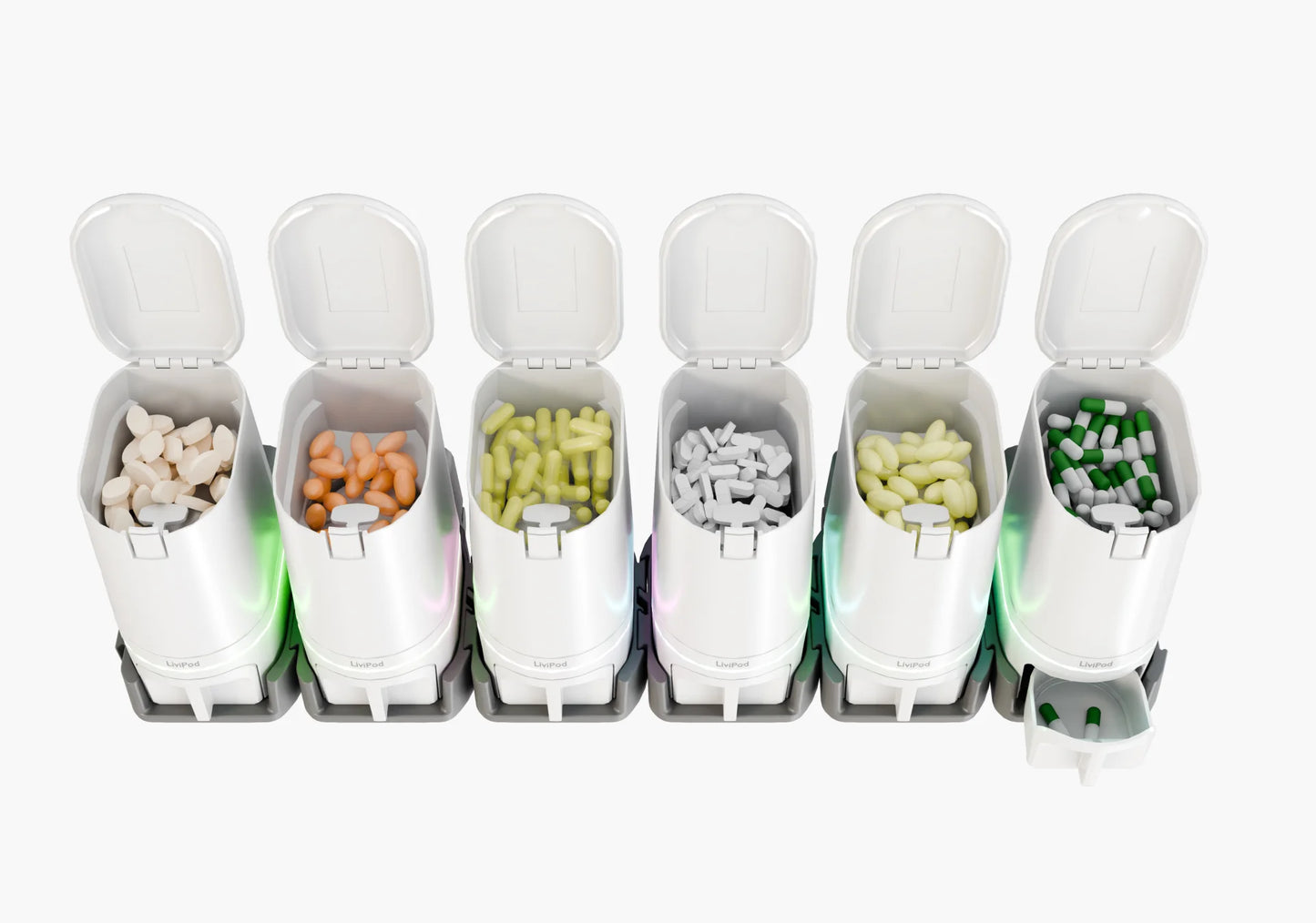 LiviPod™ 6-pod expandable automatic pill dispenser Starter Set with open lids showing a full week of daily medications and supplements