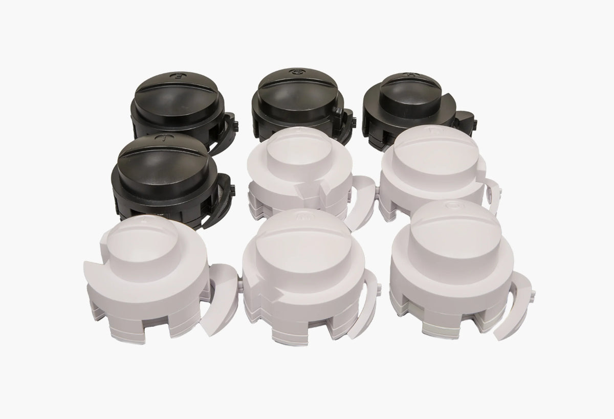 LiviPod Fit Kit parts in black and white, sizes A to O
