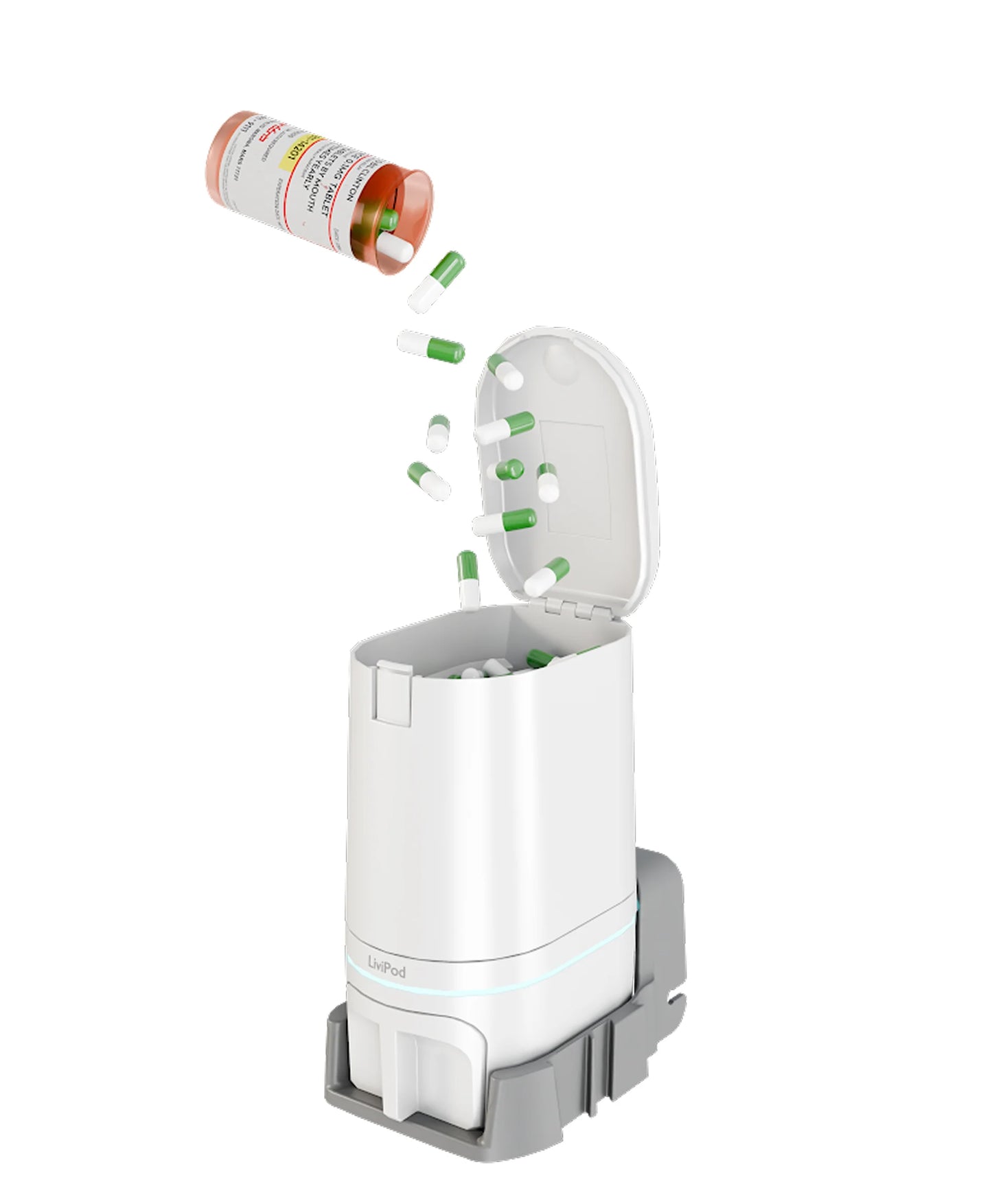 LiviPod™ simple loading — pouring pills into automatic medication reminder pod with caregiver alerts