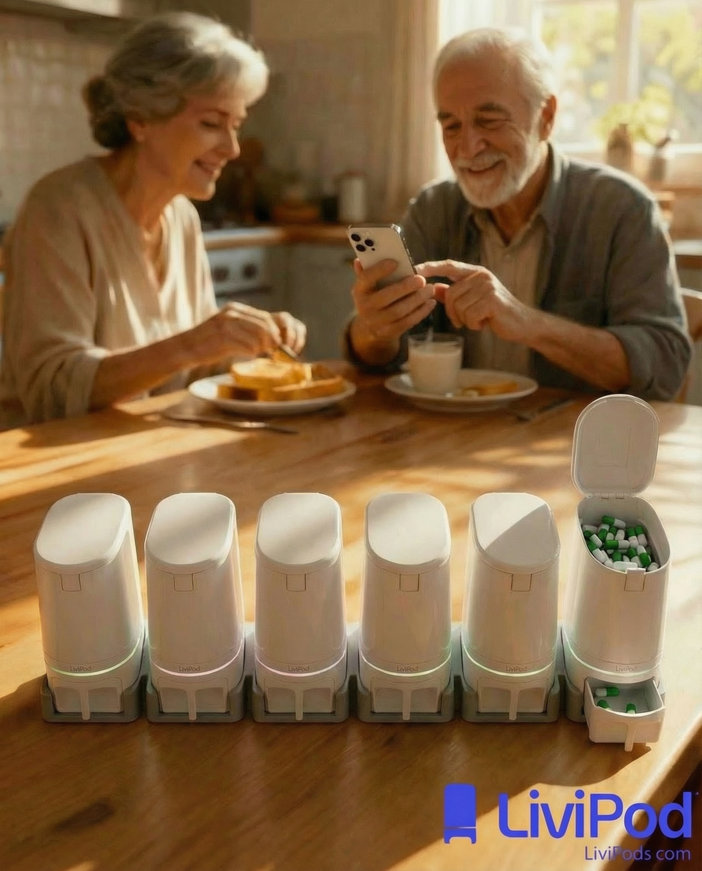 LiviPods Automatic Pill Dispenser (6 Pack) with App Tablet Reminders for Independent Users, Seniors and Caregivers