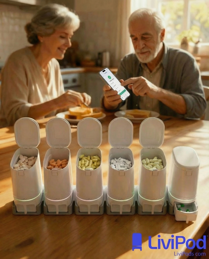 LiviPods Automatic Pill Dispenser (6 Pack) with App Tablet Reminders for Independent Users, Seniors and Caregivers