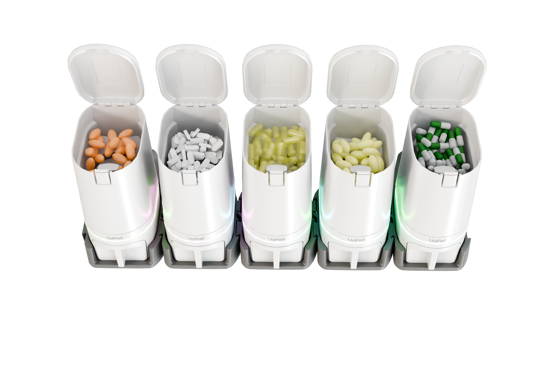 LiviPod™ 5pod expandable automatic pill dispenser Volume Pack with lids open, LED status, and closed dispense drawers holding daily medications