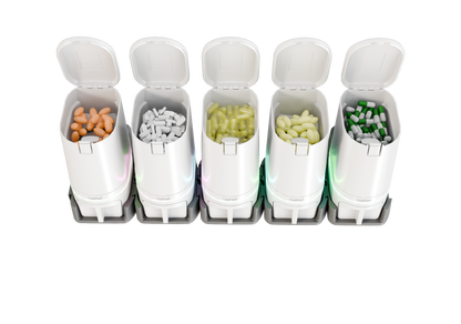 LiviPod™ 5pod expandable automatic pill dispenser Volume Pack with lids open, LED status, and closed dispense drawers holding daily medications