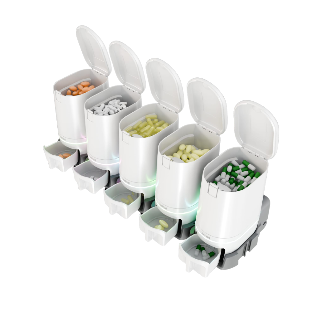 LiviPod™ 5-pod expandable automatic pill dispenser Starter Set with app reminders, showing open pods filled with daily medications and supplements