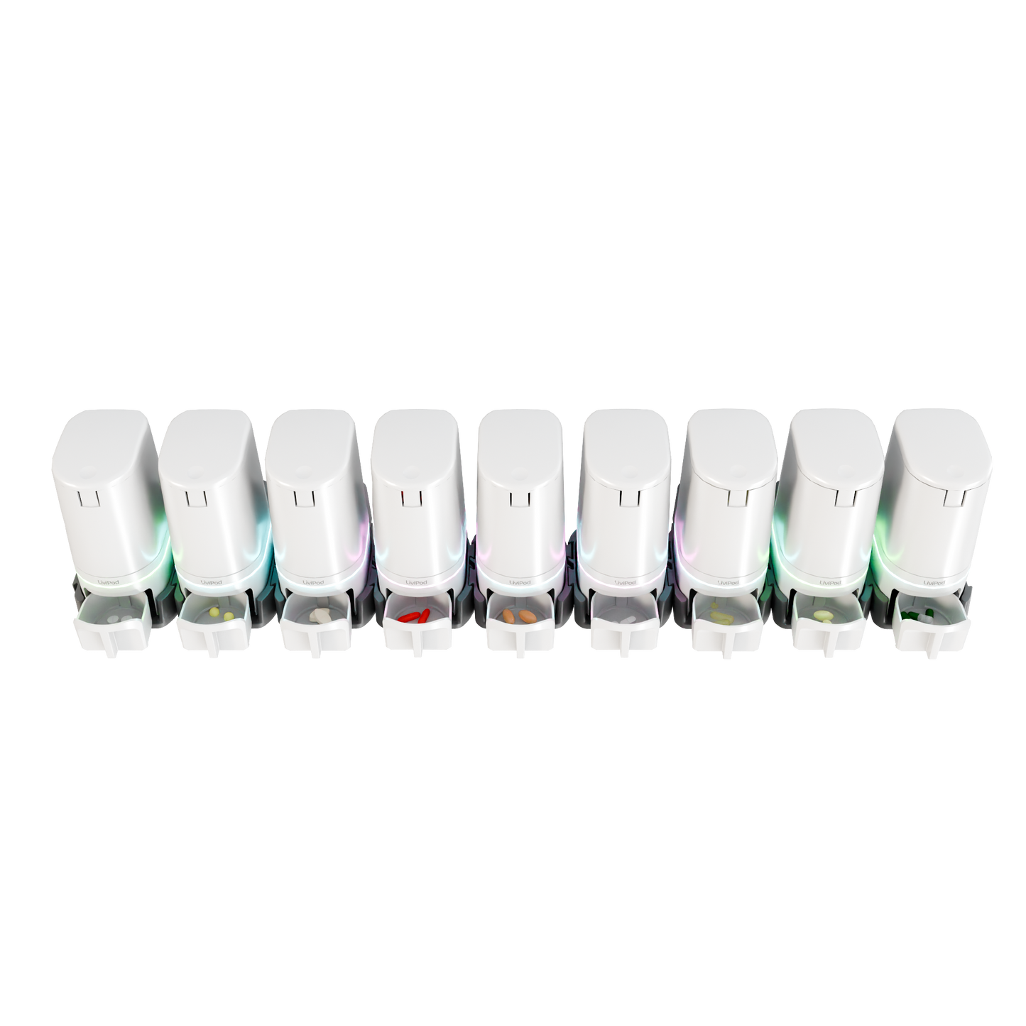 LiviPod™ 9-pod expandable automatic pill dispenser Volume Pack with lids closed, LED status, and open dispense drawers holding daily medications