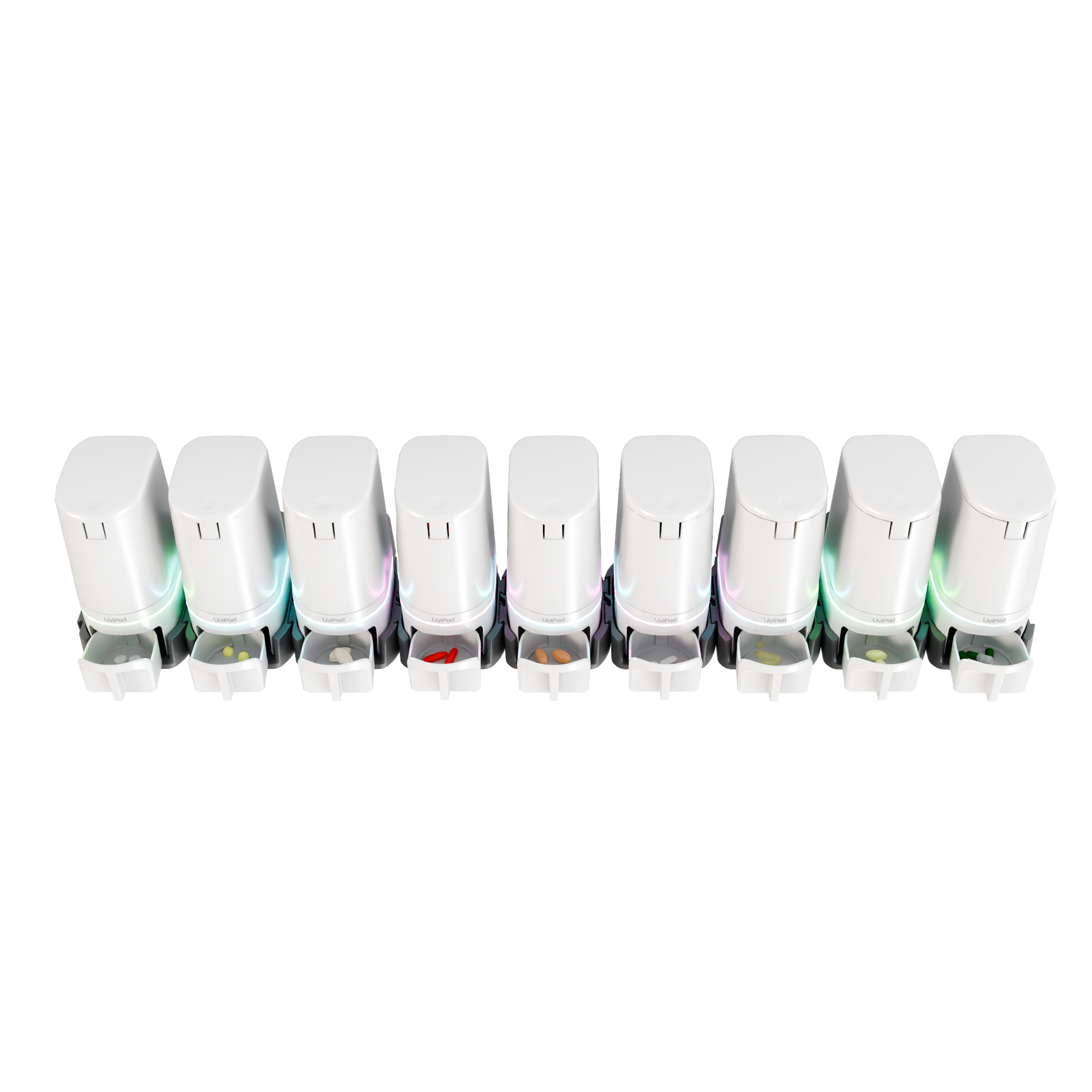 LiviPod™ 9-pod expandable automatic pill dispenser Volume Pack with lids closed, LED status, and open dispense drawers holding daily medications