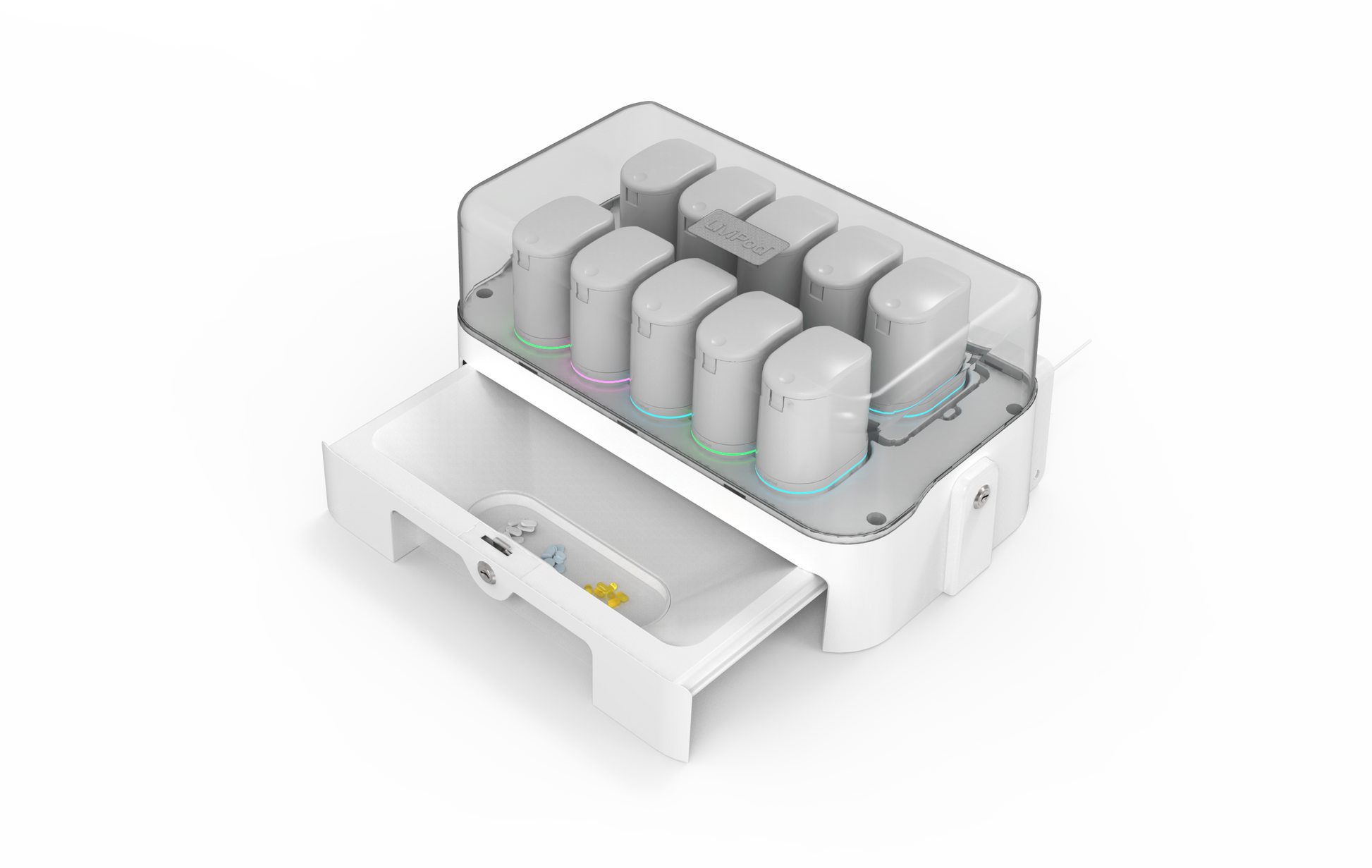 LiviPod™ Base Station automatic pill dispenser with locking clear cover, 5-pod modular medication system