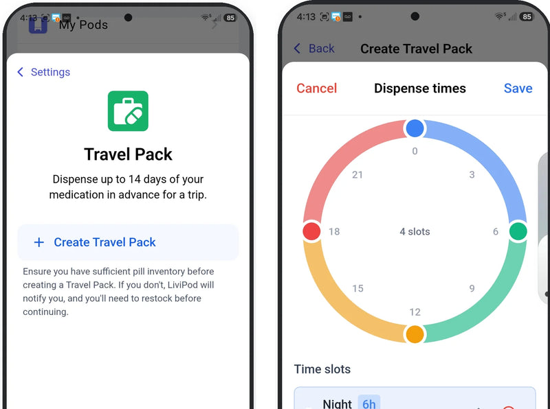 Travel Pack setup screens in the LiviPod app