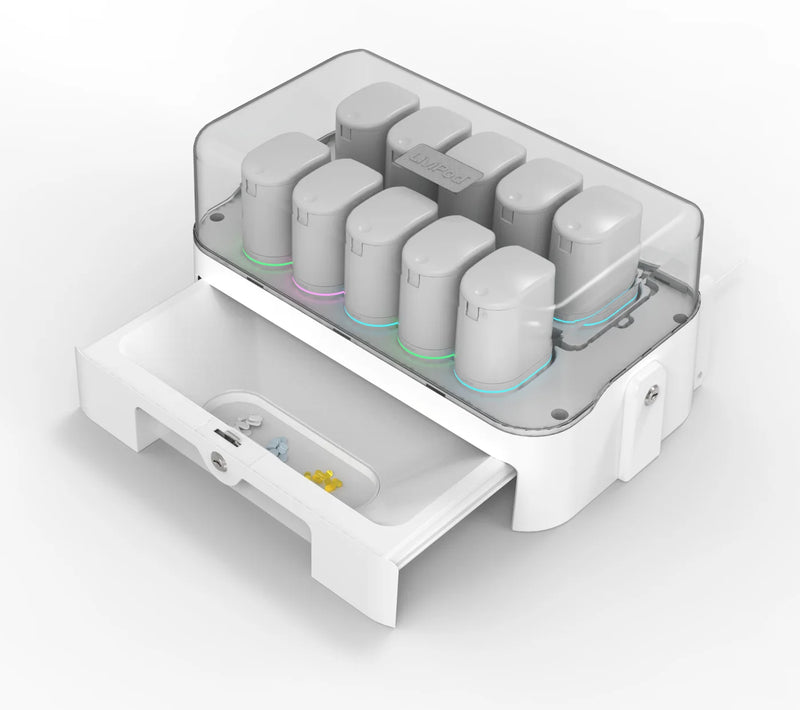 LiviPod Base Station with ten pods and the drawer open
