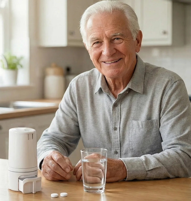 Smiling man at his kitchen counter with a LiviPod pod, his dose, and a glass of water