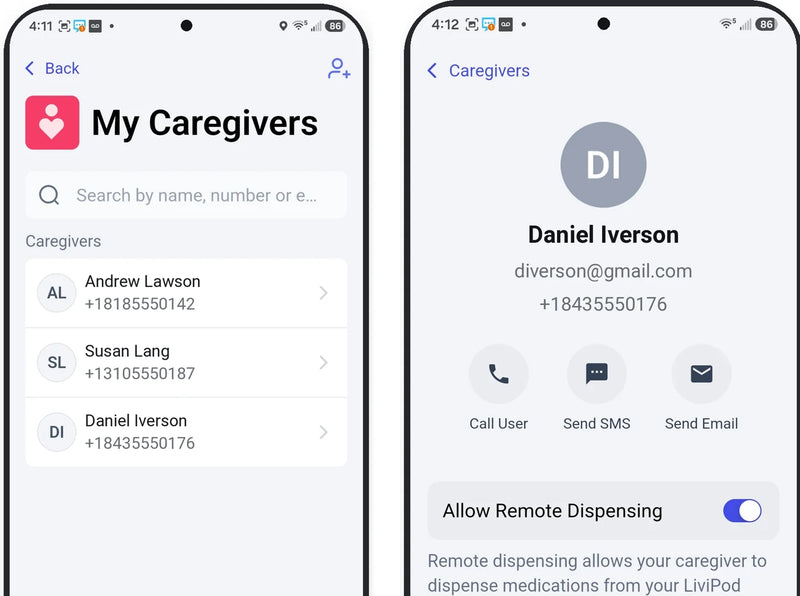Caregiver list and caregiver detail screens in the LiviPod app